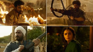 RRR: Alia Bhatt, Jr NTR, Ram Charan and Ajay Devgn’s Fiery Avatars in SS Rajamouli’s Magnum Opus Leave Audience Intrigued! (Watch Video)