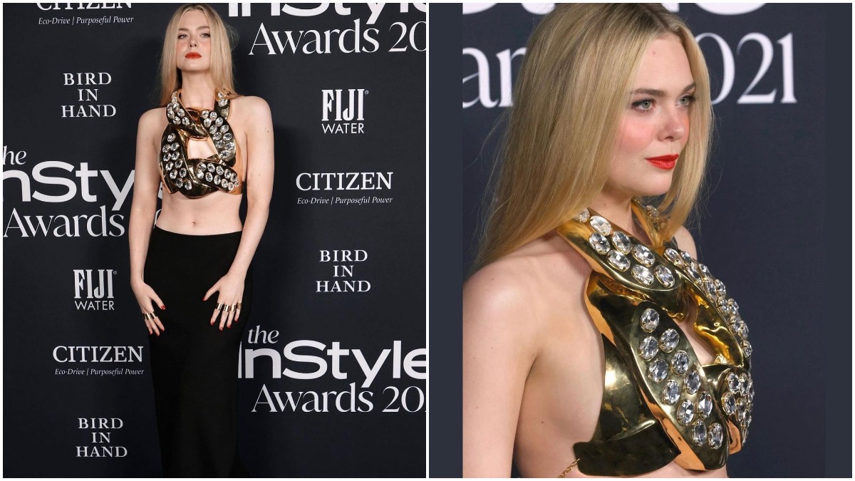 Elle Fanning Flashes Her Washboard Abs In A Gold Chain Crop Top