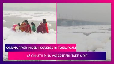 Yamuna River in Delhi Covered In Toxic Foam As Chhath Puja Worshipers Take A Dip