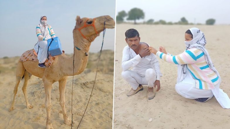 Har Ghar Dastak Vaccination Drive: Health Care Worker Reaches Village In Rajasthan's Barmer District On Camel As Part Of Door-To-Door Vaccination Campaign Against COVID-19 (View Pics)