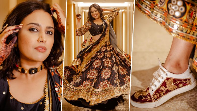 Swara Bhasker Looks Like an ‘Indian Cinderella’ in Her Black Embroidered Ghaghra but It's Her Embellished Sneakers That Steal the Show (View Pics)