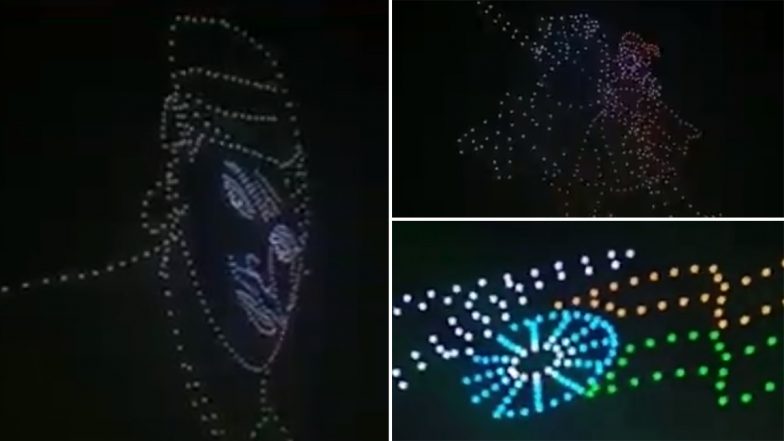 Azadi Ka Amrit Mahotsav Drone Show: 500 Drones Form the Face of Indian Soldier Mangal Pandey in Lucknow (Watch Video)
