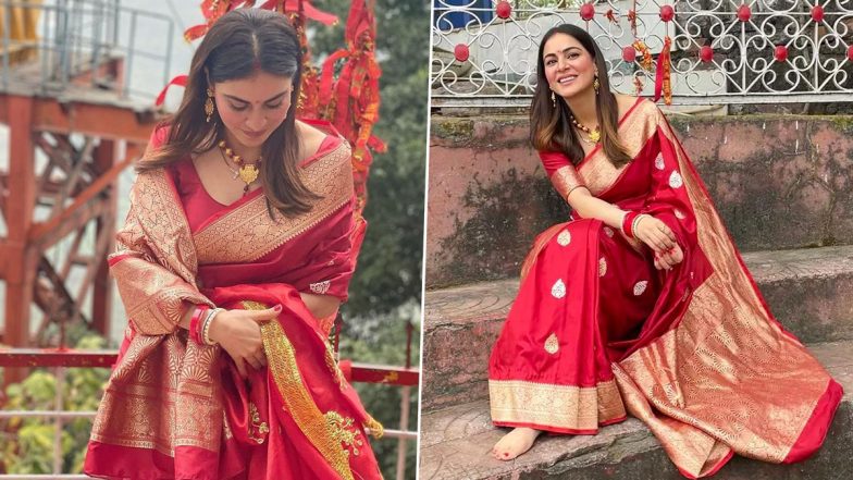 Newly-Married Style Guide: Shraddha Arya Looks Beautiful in Red Saree Visiting Temple For Post-Marriage Rituals!