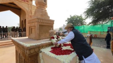 India News | Amit Shah Pays Tributes at Tanot Vijay Stambh in Rajasthan's Jaisalmer