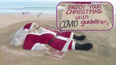 Christmas 2021: Odisha Sand Artist Sudarsan Pattnaik Creates a 50 Feet Long, 28 Feet Wide Sand Sculpture of Santa Claus at Puri Beach