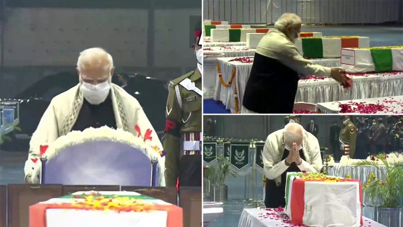 PM Narendra Modi Pays His Last Respects to CDS General Bipin Rawat, Others Who Died in IAF Helicopter Crash (View Pics)