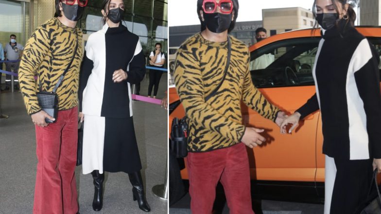 Ranveer Singh Grabs Everyone's Attention in His Red Bell-Bottoms and Tiger Print Tee Look As He Jets Off With Deepika Padukone (View Pics)