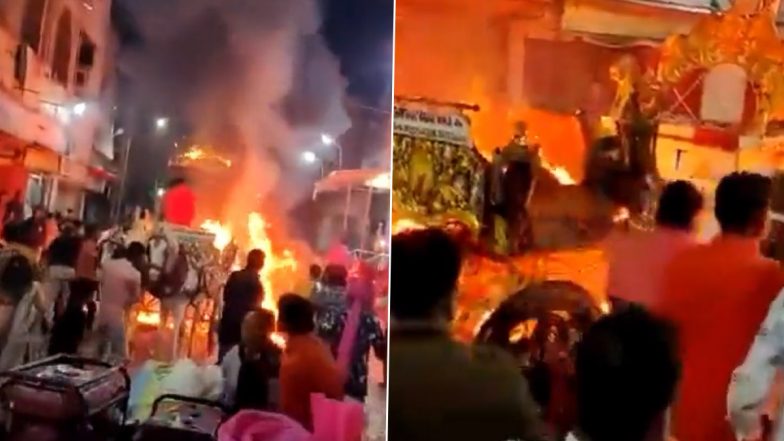 Shocking Video: Groom Has Narrow Escape After Horse Carriage Catches Fire During Wedding Procession in Gujarat