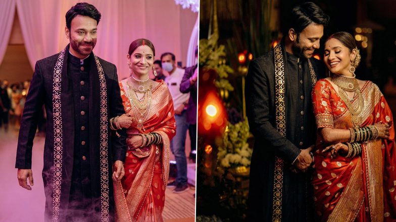 Ankita Lokhande and Vicky Jain Walk Hand in Hand at Their Reception Party, the Newly Wedded Bride Steals the Show in a Red Saree (View Pics)