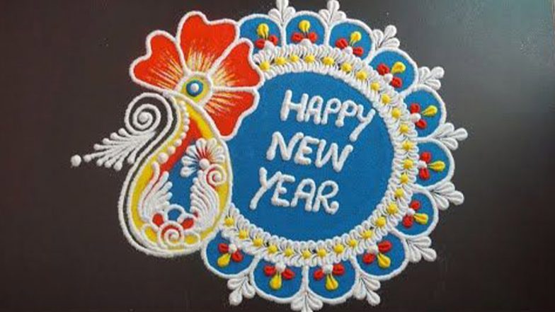 Latest New Year 2022 Rangoli Ideas & Muggulu Patterns: Simple 'Happy New Year' Rangoli Designs and Kolam With Dots to Celebrate the Onset of New Decade (Watch DIY Videos)