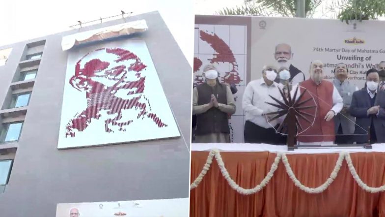 Mahatma Gandhi Death Anniversary: Home Minister Amit Shah Unveils Gandhiji’s Mural at Sabarmati Riverfront on The Father of The Nation's Punyatithi