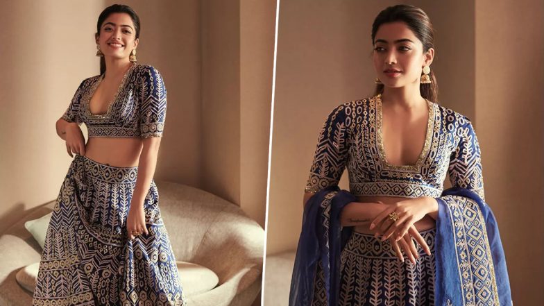 Rashmika Mandanna Looks Breathtakingly Beautiful in a Heavy Worked Blue Lehenga by Manish Malhotra! (View Pics)