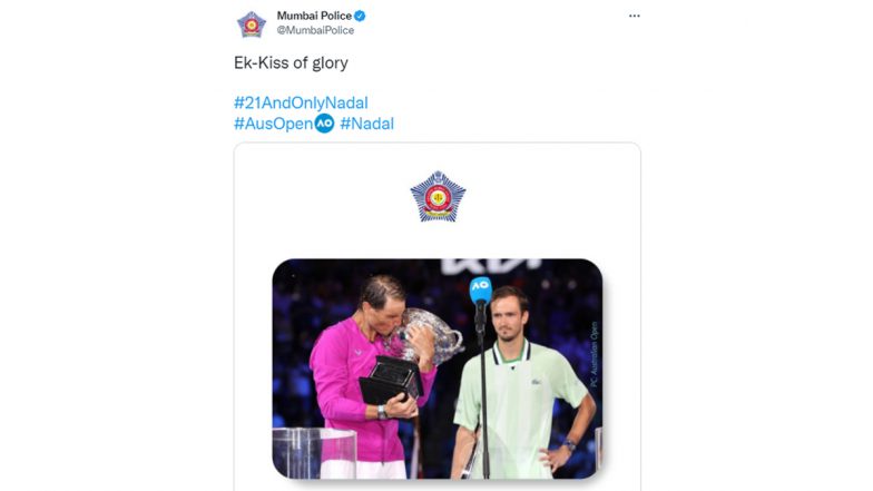 ‘Ek-Kiss of Glory’ Rafael Nadal’s 21st Grand Slam Win at Australian Open 2022 Inspires Mumbai Police’s Latest Poetic Tweet!