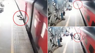 Alert RPF Jawan Saves Man From Falling Into Gap Between Moving Train and Platform at Vasai Railway Station (Watch Video)