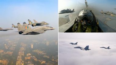 Republic Day Parade 2022: IAF Forms Baaz Formation Comprising 1 Rafale, 2 Jaguar, 2 MiG-29 UPG, 2 Su-30 MI Aircraft (Watch Video)