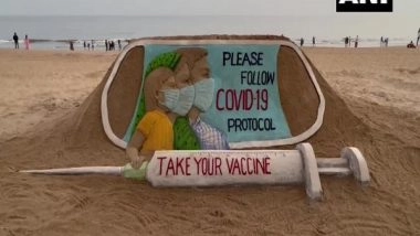 India News | Odisha: Sudarsan Pattnaik Creates Sand Art at Puri Beach, Appeals People to Follow COVID Protocols