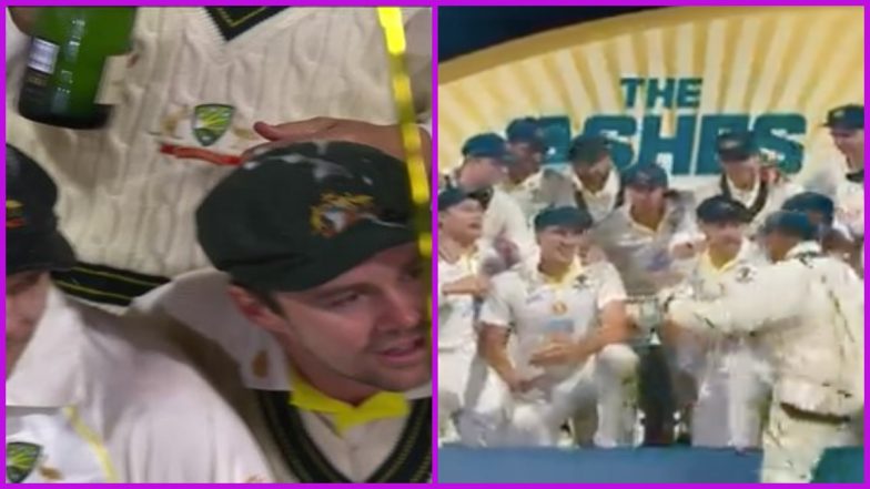 Pat Cummins Calls Usman Khawaja on Podium, Directs Teammates to Hold Champagne Celebration Post 4-0 Ashes 2021-22 Win Over England (Watch Video)