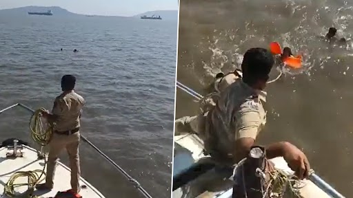 Watch Video: Team of Coastal and Colaba Police in Mumbai Rescue Woman Tourist From Drowning in Sea Near Gateway of India