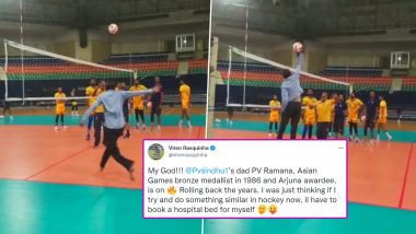 PV Sindhu’s Father PV Ramana Attempts a Smash on a Volleyball Court, Former Hockey Player Viren Rasquinha Reacts (Watch Video)