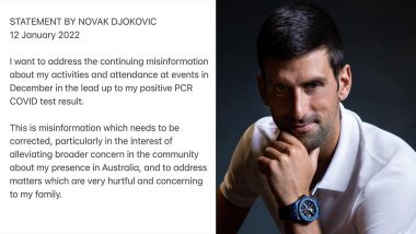 Novak Djokovic Opens Up on Testing COVID-19 Positive in December, Writes, ‘It Is Always an Honour To Compete in Australian Open’ (Read Full Statement)