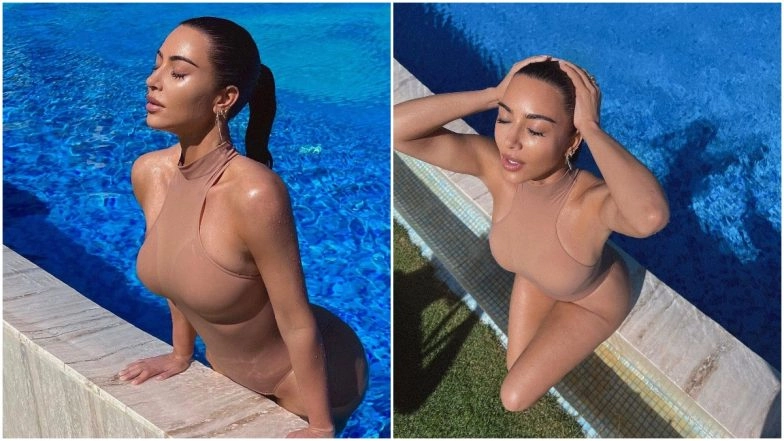 Kim Kardashian Soaks Some Sun and Turns Up the Heat in Her Nude Coloured Swimwear