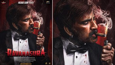 Ravanasura New Poster: Ravi Teja Looks Intense Smoking a Cigar While Wearing a Bloodied Tuxedo (View Pic)