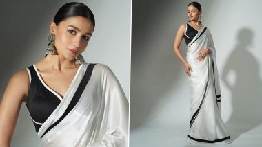 Alia Bhatt Is a Sight to Behold as She Poses in a Beautiful White Saree With Black Border for Gangubai Kathiawadi Promotions (View Pics)