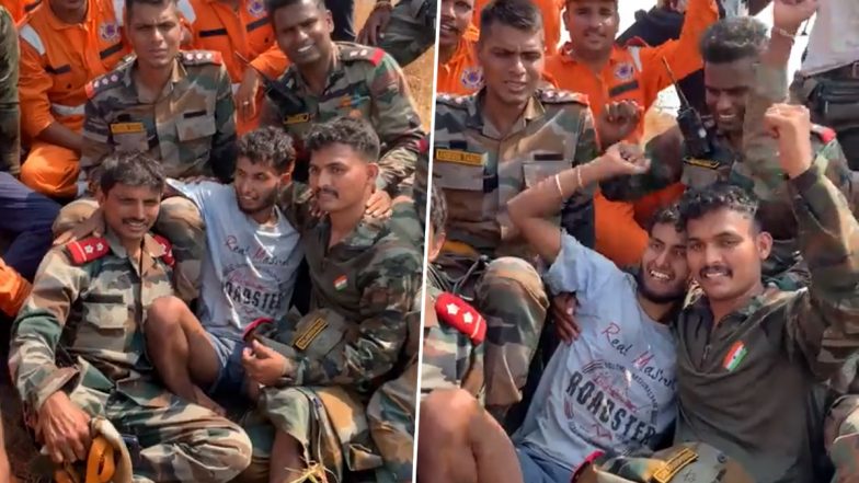 Kerala Trekker R Babu Thanks Indian Army Personnel by Kissing Them After Being Rescued From Koormbachi Hillock in Palakkad (Watch Video)