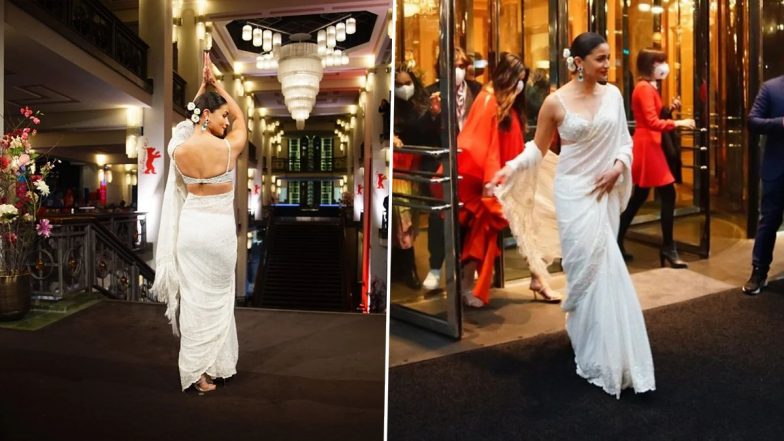 Alia Bhatt Opts for an Ivory White Saree With Sequin Details at Gangubai Kathiawadi’s Premiere in Berlin (View Pics)