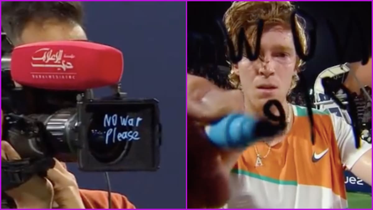 Russia's Andrey Rublev writes 'No war please' at Dubai Open