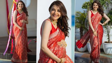 Mom-To-Be Kajal Aggarwal Looks Beautiful as She Decks Up in a Red Saree for Her Baby Shower! (View Pics)