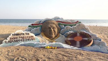 Lata Mangeshkar Dies: Sand Artist Sudarsan Pattnaik Pays Tribute To Veteran Singer Through His Sand Art At Puri Beach (View Pic)