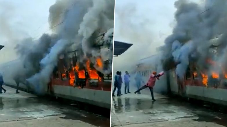 Bihar: Massive Fire Breaks Out in Empty Train at Madhubani Railway Station (Watch Video)