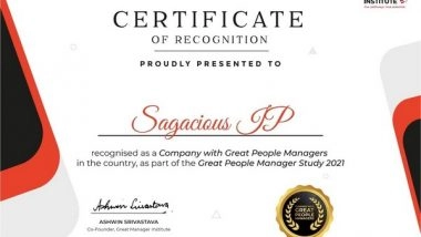 Business News | Sagacious IP Certified as a Great People Manager Company