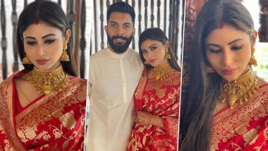 Mouni Roy Looks Perfect as the New Bride in Red Saree and Golden Jewellery, Shares Picture With Hubby Suraj Nambiar!