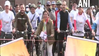India News | Delhi: Meenakshi Lekhi Participates in Cycle Rally as Part of 'Azadi Ka Amrit Mahotsav' Celebrations