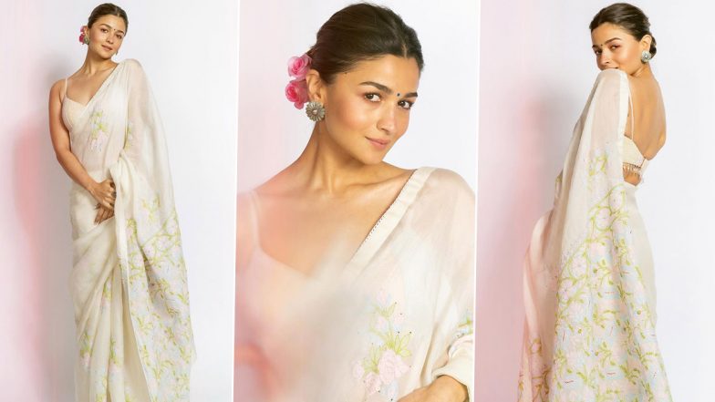 Alia Bhatt Poses With Her Cat Edward As She Shows Off Her Beautiful White Saree for Gangubai Kathiawadi Promotions (View Pics)