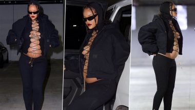 Rihanna Shows Off Her Blossoming Baby Bump As She Steps Out in a Racy Lace-Up Black Top and Low-Waist Trousers (View Pics)