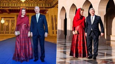 Queen Mathilde of Belgium Looks Exquisite in Indian Fashion Designer Anita Dongre's Ethnicwear at Sultan Qaboos Grand Mosque (View Pics)