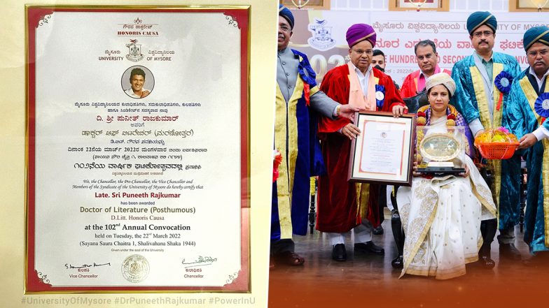 Late Puneeth Rajkumar Conferred Honorary Doctorate Posthumously By University Of Mysore; Actor’s Wife Ashwini Receives The Award (View Pics)