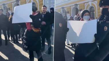 Russia-Ukraine War: Russian Police Arrest Woman Holding ‘Blank Sign’ As Crackdown Against Protests Continues (Watch Video)