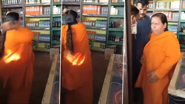 Former Madhya Pradesh CM Uma Bharti Vandalises Liquor Shop in Bhopal (Watch Video)