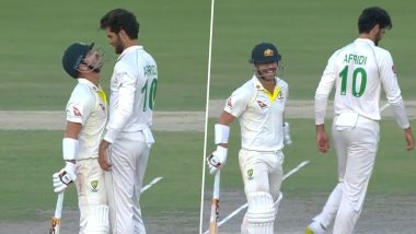 David Warner, Shaheen Afridi Involved in Fun-Filled Face-Off on Day 3 of PAK vs AUS 3rd Test (Watch Video)