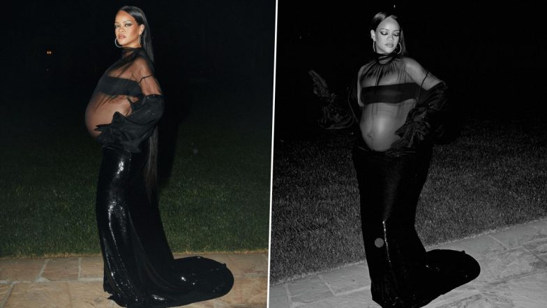 Rihanna Flaunts Her Gorgeous Babybump in a Black Mesh Dress at the Oscars 2022 After-Party (View Pics)