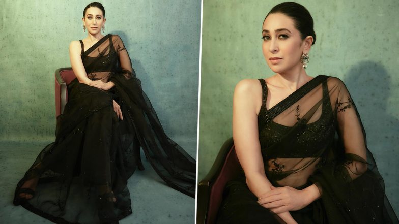 Karisma Kapoor Decks Up in a Gorgeous Black Sabyasachi Saree and Statement Jewellery (View Pics)