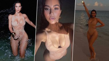 Kim Kardashian Flaunts Her Hourglass Figure In A Nude Swimwear (View Pics)