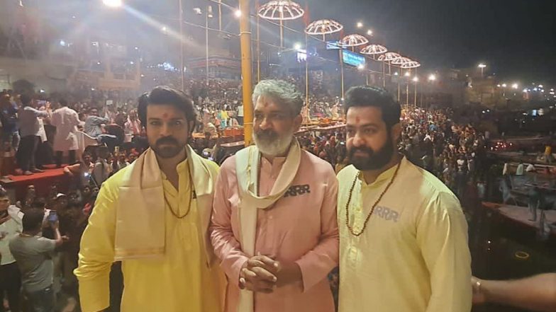 RRR: SS Rajamouli, Ram Charan and Jr. NTR Arrive in Varanasi Days Before the Release of Their Film (View Pic)