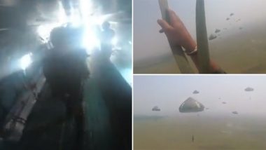 Paratroopers of Indian Army Carry Large-Scale Drops Near Siliguri Corridor (Watch Video)