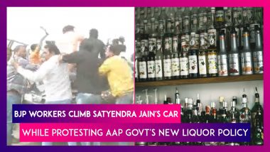 BJP Workers Climb Delhi Minister Satyendra Jain's Car While Protesting AAP Govt’s New Liquor Policy