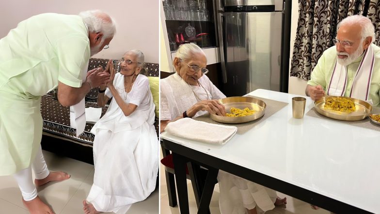 PM Narendra Modi Meets His Mother Heeraben Modi at Her Residence in Gujarat's Gandhinagar (See Pics)